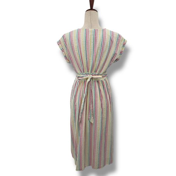 Ann Taylor Loft White Rainbow Stripe Dress Size 6P Button Front Midi Seersucker - Picture 6 of 7